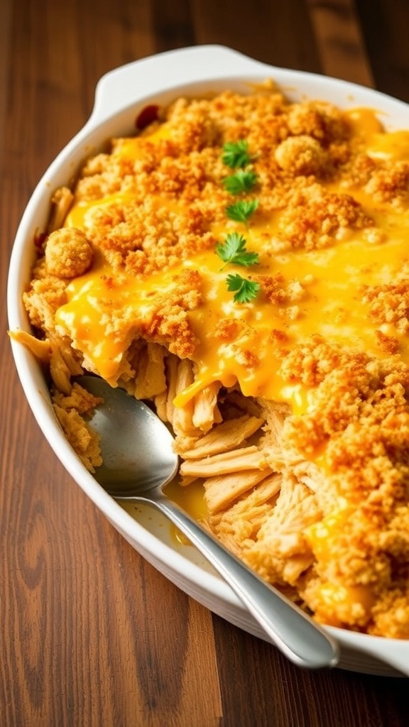A cheesy shredded chicken casserole with a golden breadcrumb topping, served in a white dish on a wooden table.